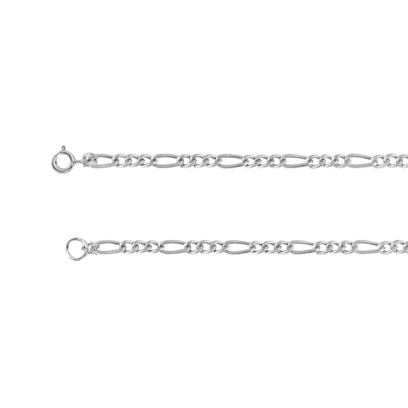 Close-up of 2mm 3+1 Figaro chain in Sterling Silver, showing detailed links and spring ring clasp. Features polished finish and classic alternating link pattern.