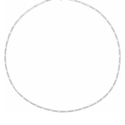 Sterling Silver 2mm Figaro chain in full 45cm length, laid out on a white background. Shows even spacing of 3+1 link pattern and smooth silver finish.
