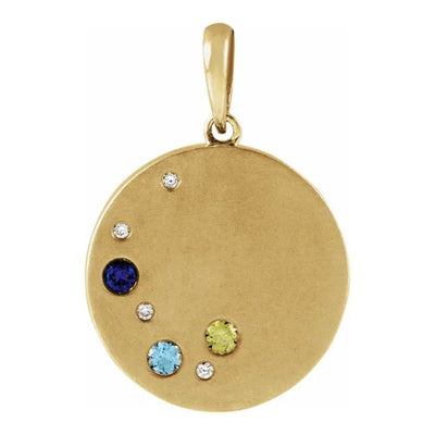 Three Stone Family Circle Pendant, available in 14kt yellow gold. This enchanting pendant features natural diamond accents to create this beautifully crafted pendant. Your choice of birthstones to adorn the pendant and symbolising the cherished eternal bond of family and love.