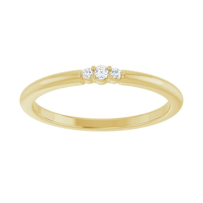 Introducing our dainty 3-Stone Natural Diamond Stackable Ring. Crafted from 14kt Yellow Gold, this ring is ideal for creating a curated ring stack or wearing it as a standalone ring. This diamond ring for women is the perfect fashion accessory for work, special occasions, or a night out on the town.