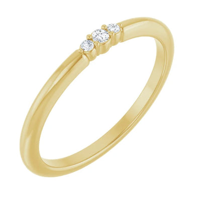 Introducing our dainty 3-Stone Natural Diamond Stackable Ring. Crafted from 14kt Yellow Gold, this ring is ideal for creating a curated ring stack or wearing it as a standalone ring. This diamond ring for women is the perfect fashion accessory for work, special occasions, or a night out on the town.