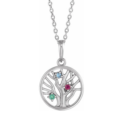 Introducing our exquisite Three Stone Family Tree of Life Necklace, available in your choice of 14kt yellow, white, or rose gold. This enchanting necklace features a beautifully crafted tree of life pendant adorned with three intertwined birthstones, symbolising the cherished bond of family and love.
