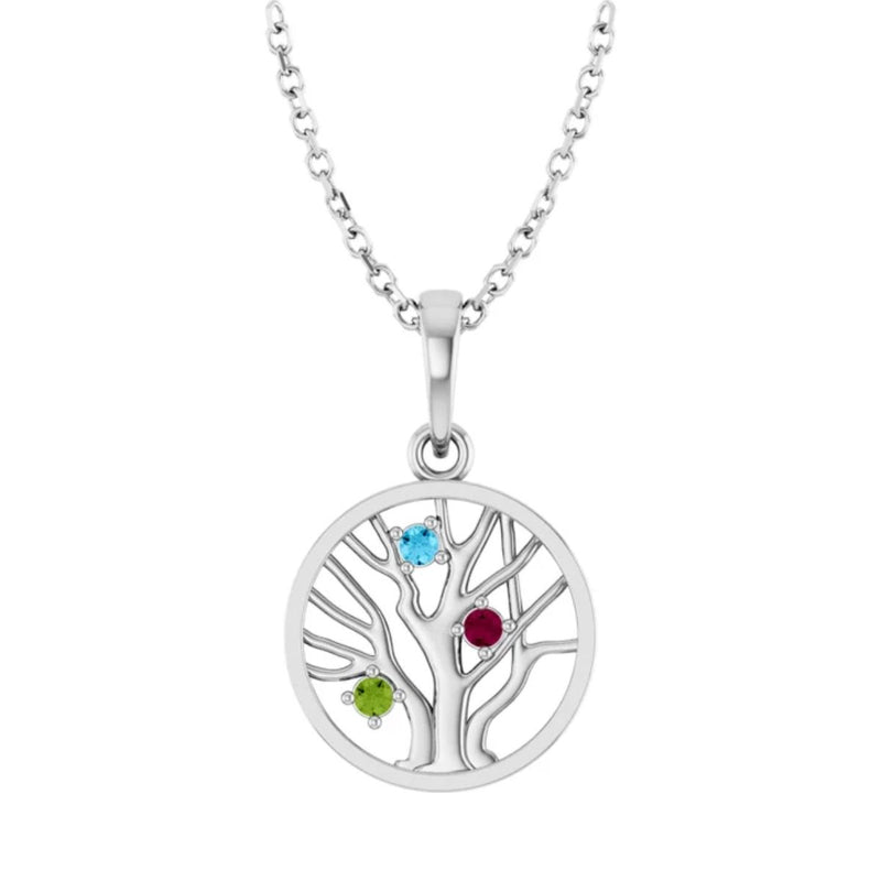 Introducing our exquisite Three Stone Family Tree of Life Necklace, available in sleek Sterling Silver. This enchanting necklace features a beautifully crafted tree of life pendant adorned with three intertwined birthstones, symbolising the cherished bond of family and love.