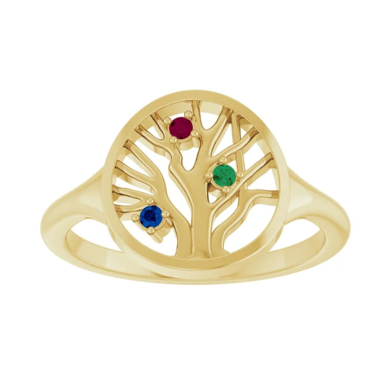 Introducing our exquisite Three Ring Tree of Life Family Ring, meticulously crafted in luxurious 14kt yellow gold. This custom-made masterpiece symbolises the enduring bond of family, making it the perfect heirloom piece to cherish for generations to come.