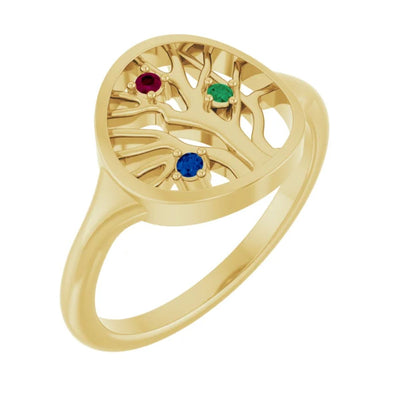 Introducing our exquisite Three Ring Tree of Life Family Ring, meticulously crafted in luxurious 14kt yellow gold. This custom-made masterpiece symbolises the enduring bond of family, making it the perfect heirloom piece to cherish for generations to come.