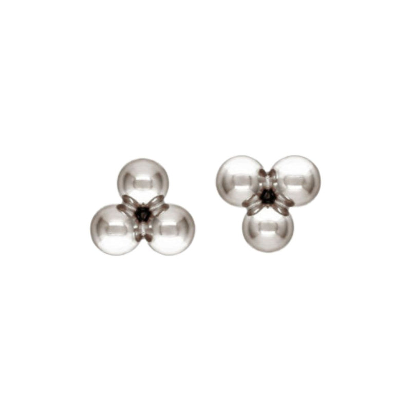 Pair of 3mm three-ball stud earrings in 925 sterling silver. Each earring features three small polished spheres arranged in a triangular formation, displayed on a white background.