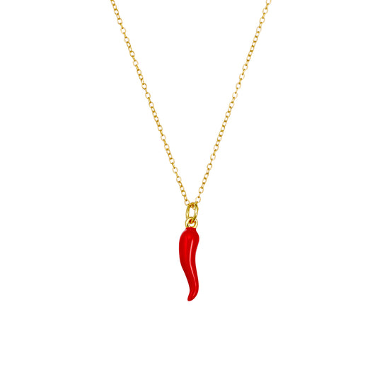 Red Enamel Italian Horn Gold-Plated Sterling Silver Necklace