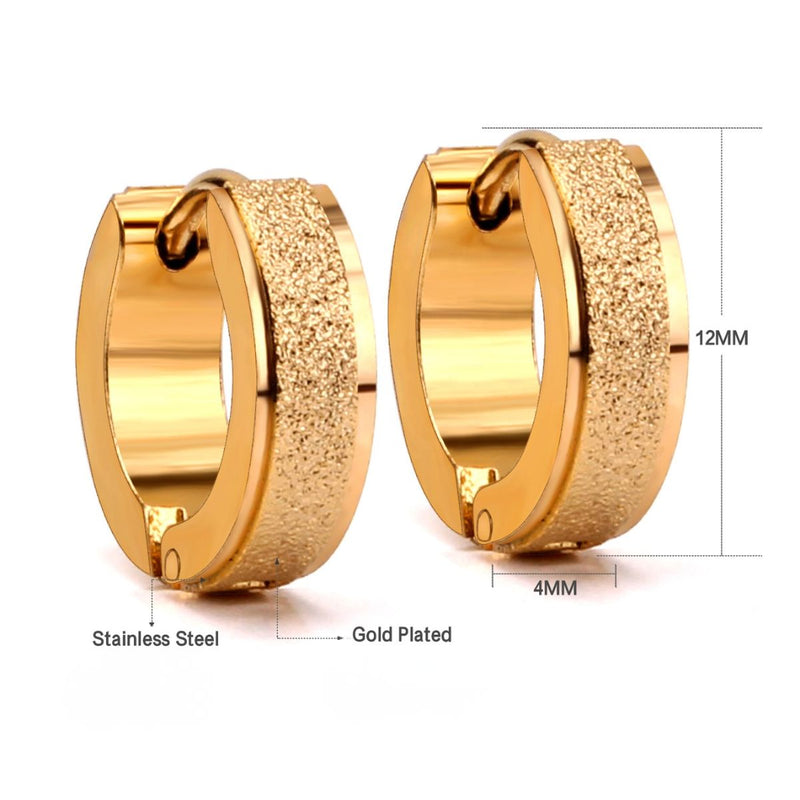 Size guide: 4×12 mm waterproof 18ct gold-plated stainless steel hoop earrings with glass-blast finish.