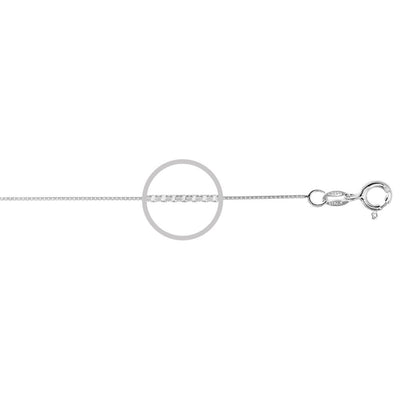 Close up view of the 50cm Sterling Silver 0.75mm Box Chain on a white background. Stamped with Made in Italy, and Spring Ring.