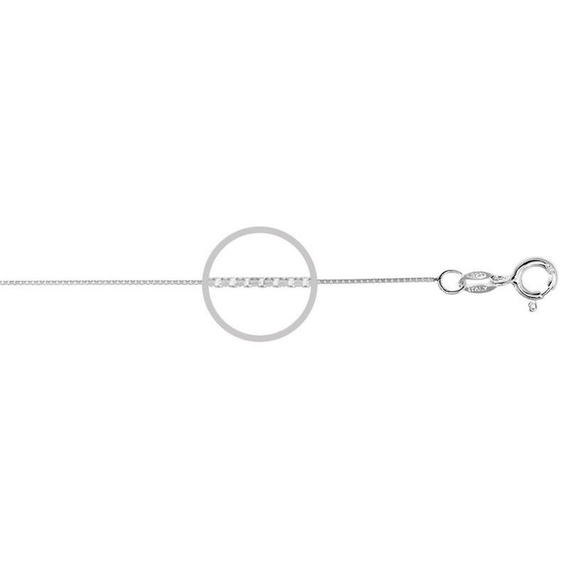 Close up view of the 50cm Sterling Silver 0.75mm Box Chain on a white background. Stamped with Made in Italy, and Spring Ring.