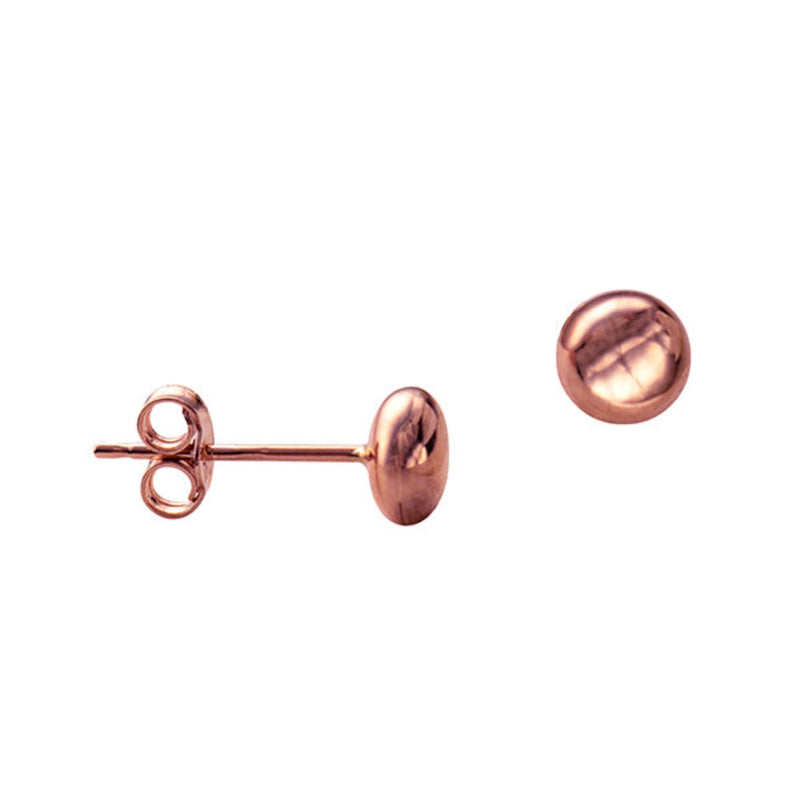 A close-up view of our 5mm Flat Ball Stud Earrings in 9K Rose Gold showcases their radiant, high-polish finish. These classic, minimalist studs are a versatile accessory, perfect for both everyday wear and special occasions.