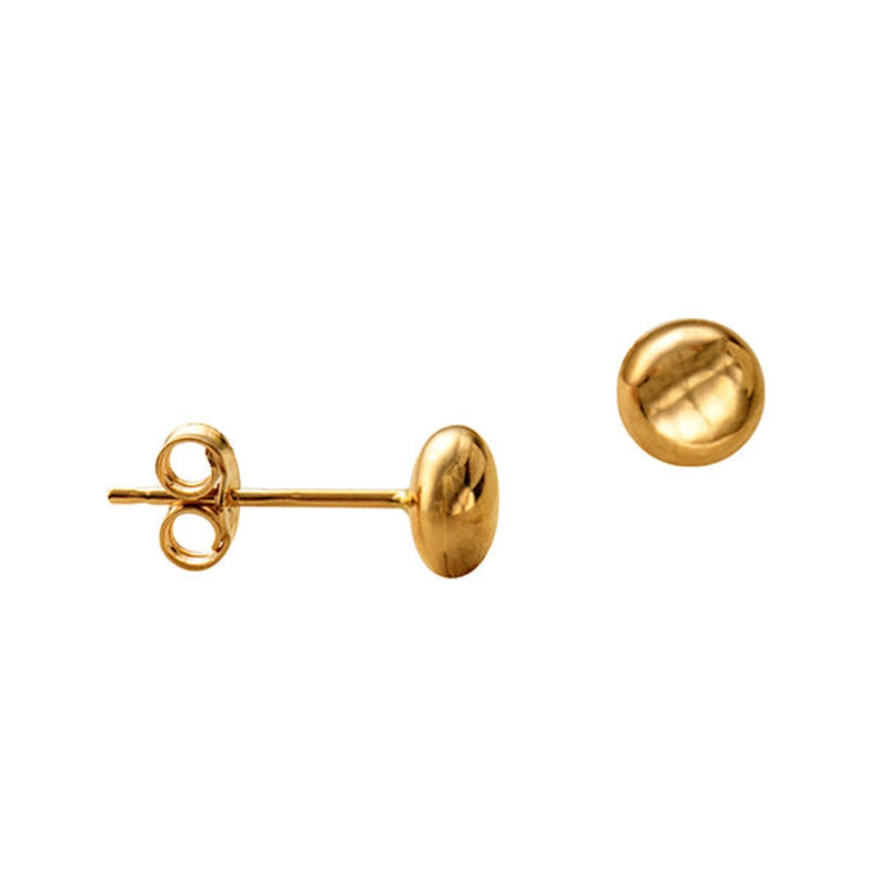 A close-up view of our 5mm Flat Ball Stud Earrings in 9K Yellow Gold showcases their radiant, high-polish finish. These classic, minimalist studs are a versatile accessory, perfect for both everyday wear and special occasions.