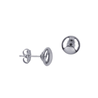 A front and side view of the 6mm Flat Ball Stud Earrings in Sterling Silver highlights their polished finish and minimalistic, unisex design.