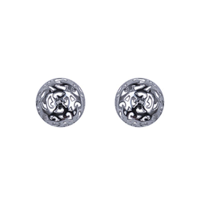 A front-on view of the 8mm Filigree Domed Sterling Silver Stud Earrings showcases their intricate detailing and polished shine, making them a standout accessory.