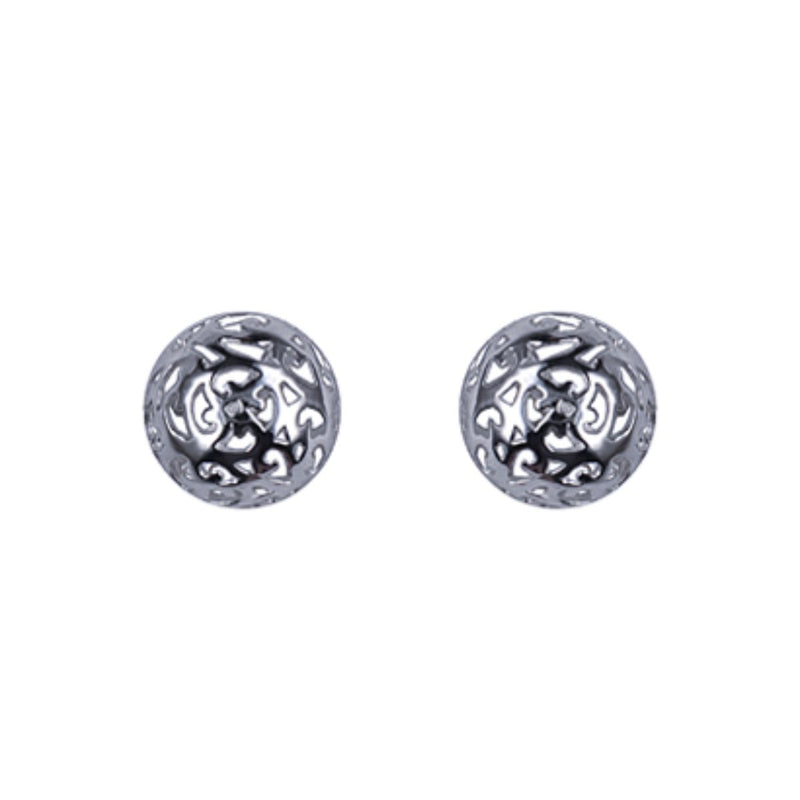 A front-on view of the 8mm Filigree Domed Sterling Silver Stud Earrings showcases their intricate detailing and polished shine, making them a standout accessory.