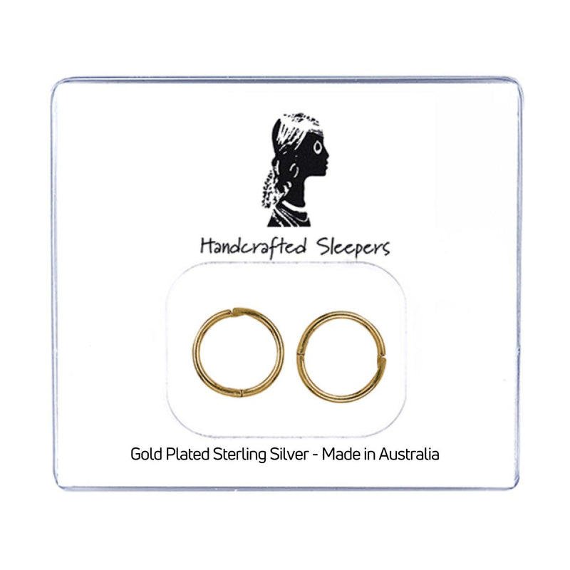 10mm Plain Handcrafted Sleepers Made in Australia from gold plated sterling silver. Shop sleeper earrings from Jewels of St Leon.