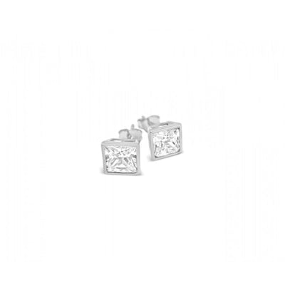 Pair of 925 Sterling Silver stud earrings featuring single 8 mm princess-cut cubic zirconia stones in bezel settings with butterfly backs, shown on a plain white background.