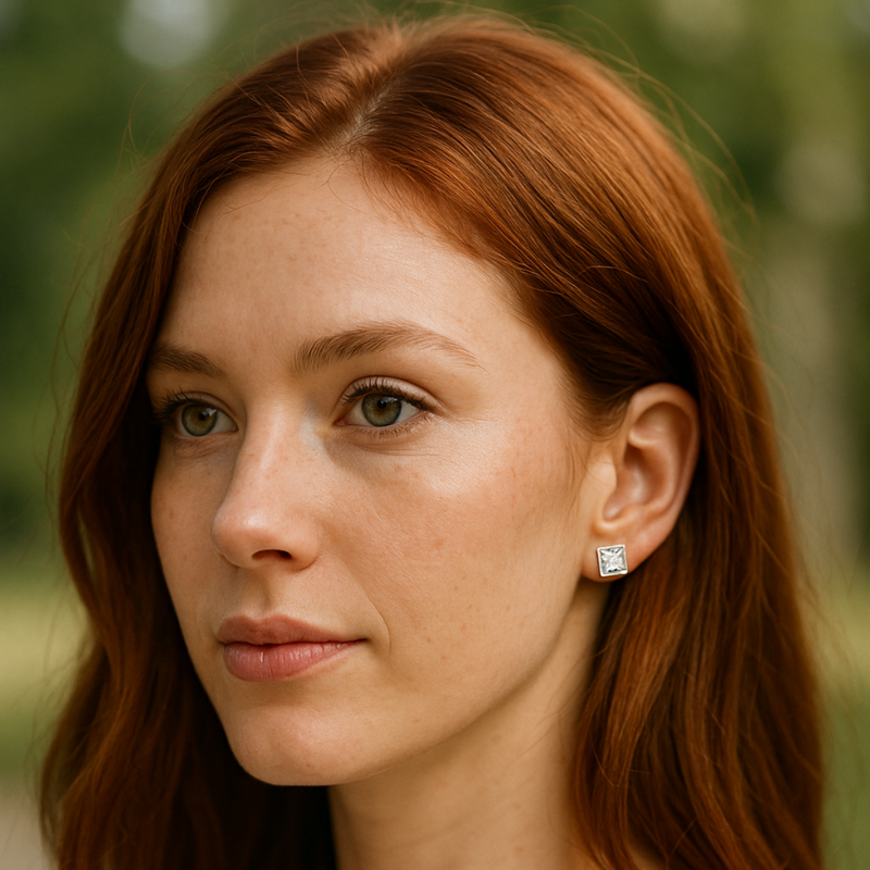 925 Sterling Silver stud earrings 8 mm on a red-headed model with a natural background blurred.