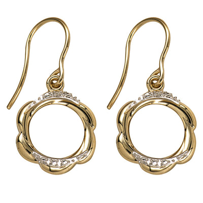 9ct two tone gold scalloped circle earrings with diamond accents on a white background.