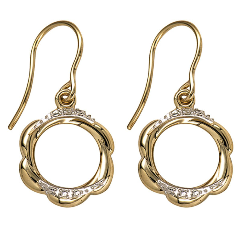 9ct two tone gold scalloped circle earrings with diamond accents on a white background.