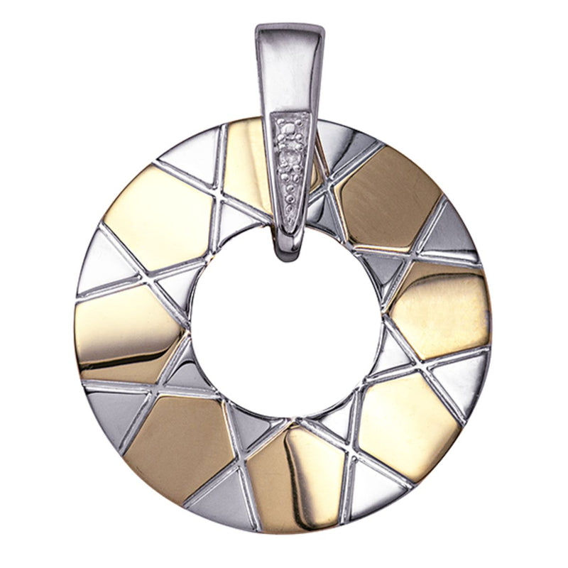 Two-tone 9ct gold open circle pendant featuring alternating yellow and white gold panels, with three diamonds set into the white gold bail.