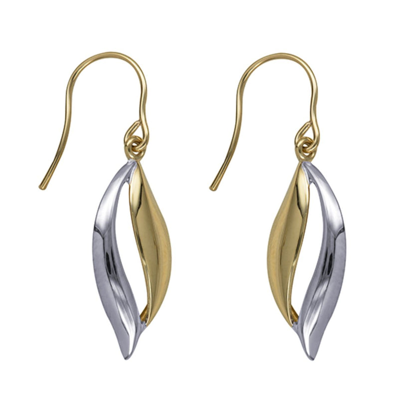 Close-up image of 9ct two-tone gold drop earrings with a twisted leaf design in yellow and white gold, finished with secure shepherd hooks.