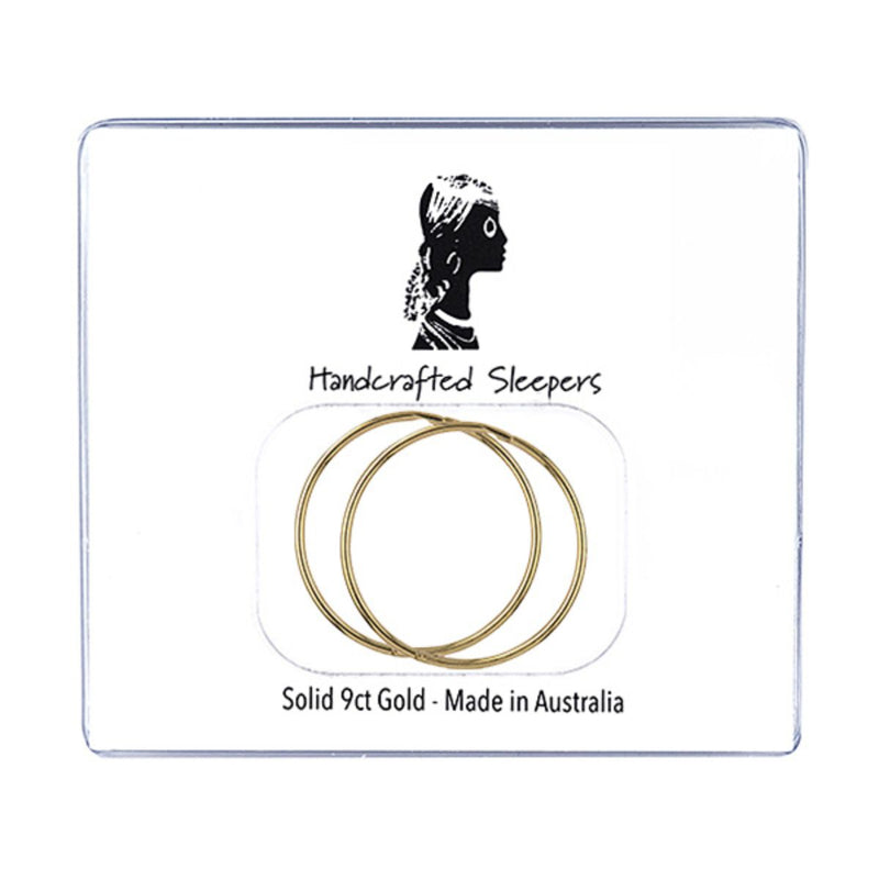 Pair of 20mm solid 9ct gold sleeper earrings displayed in branded packaging with silhouette logo, handcrafted and made in Australia for everyday wear.