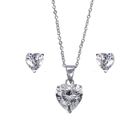 Sterling Silver Heart CZ Jewellery Set – Pendant Necklace & Stud Earrings