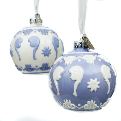 Pair of pale-purple and white Anna fine bone china Christmas ornaments with embossed silhouette design