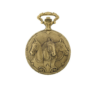 Detailed shot of the antique gold-tone case front with three horses - an equestrian masterpiece by Classique. Discover yours today and add heritage style to your wardrobe!