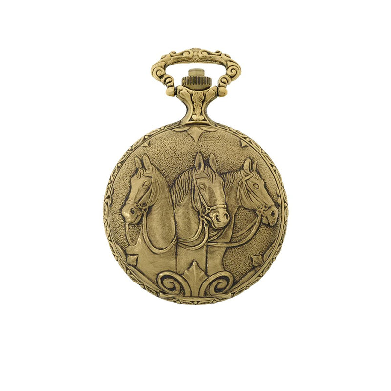 Detailed shot of the antique gold-tone case front with three horses - an equestrian masterpiece by Classique. Discover yours today and add heritage style to your wardrobe!