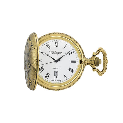 Front View: Close-up of the 48 mm Classique pocket watch open to reveal a crisp Roman numeral dial and date display. Swiss quartz accuracy meets antique gold-tone elegance. Shop now to own this Australian favourite!