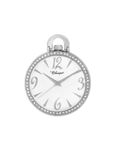 A close-up of the Classique Ariella Pendant Watch, featuring a rhodium-plated stainless steel case, an open-face dial, and a Cubic Zirconia-set bezel, showcasing its luxurious hip-hop style bling.