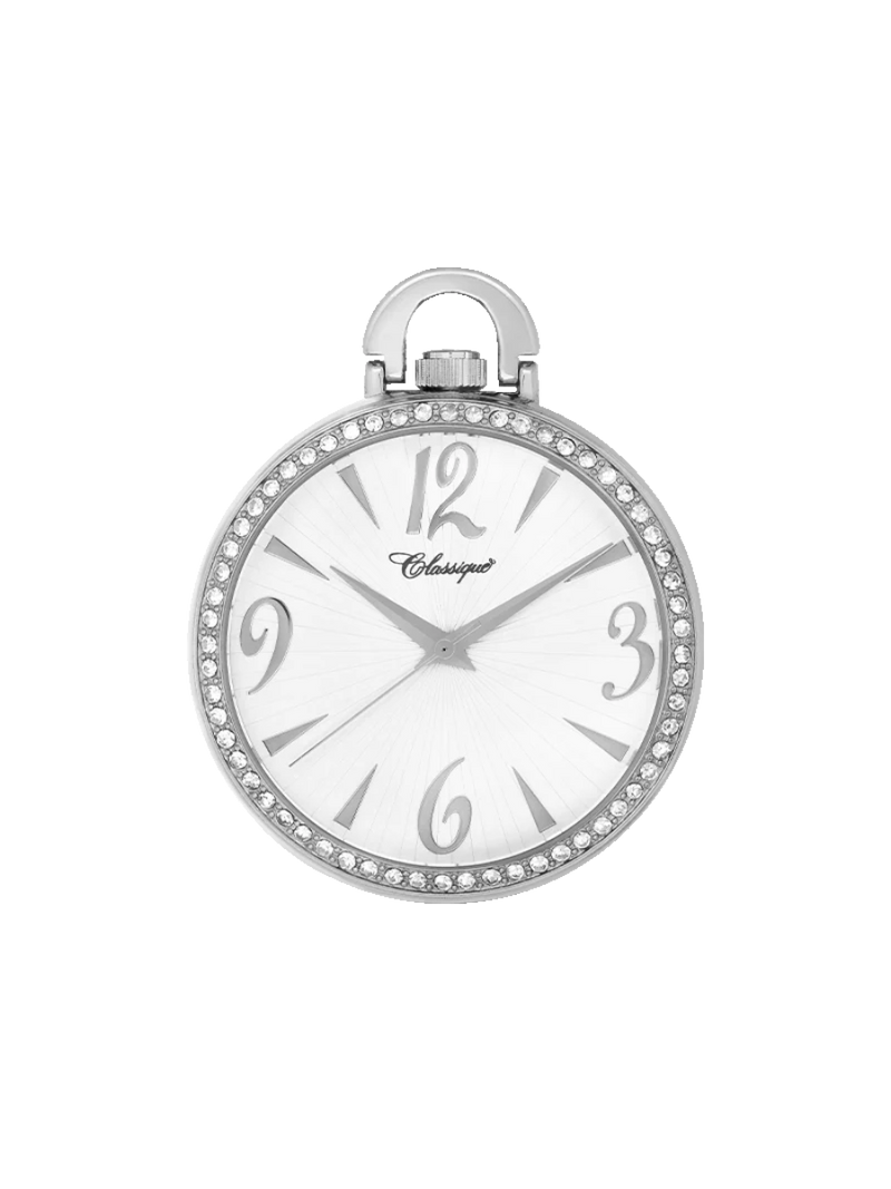 A close-up of the Classique Ariella Pendant Watch, featuring a rhodium-plated stainless steel case, an open-face dial, and a Cubic Zirconia-set bezel, showcasing its luxurious hip-hop style bling.