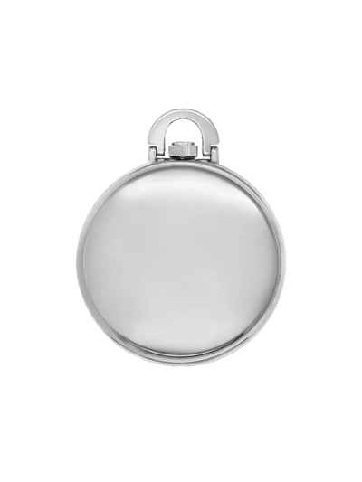 The back of the Classique Ariella Pendant Watch, displaying a sleek, polished rhodium-plated stainless steel case with a smooth, blank surface, highlighting its high-quality craftsmanship.