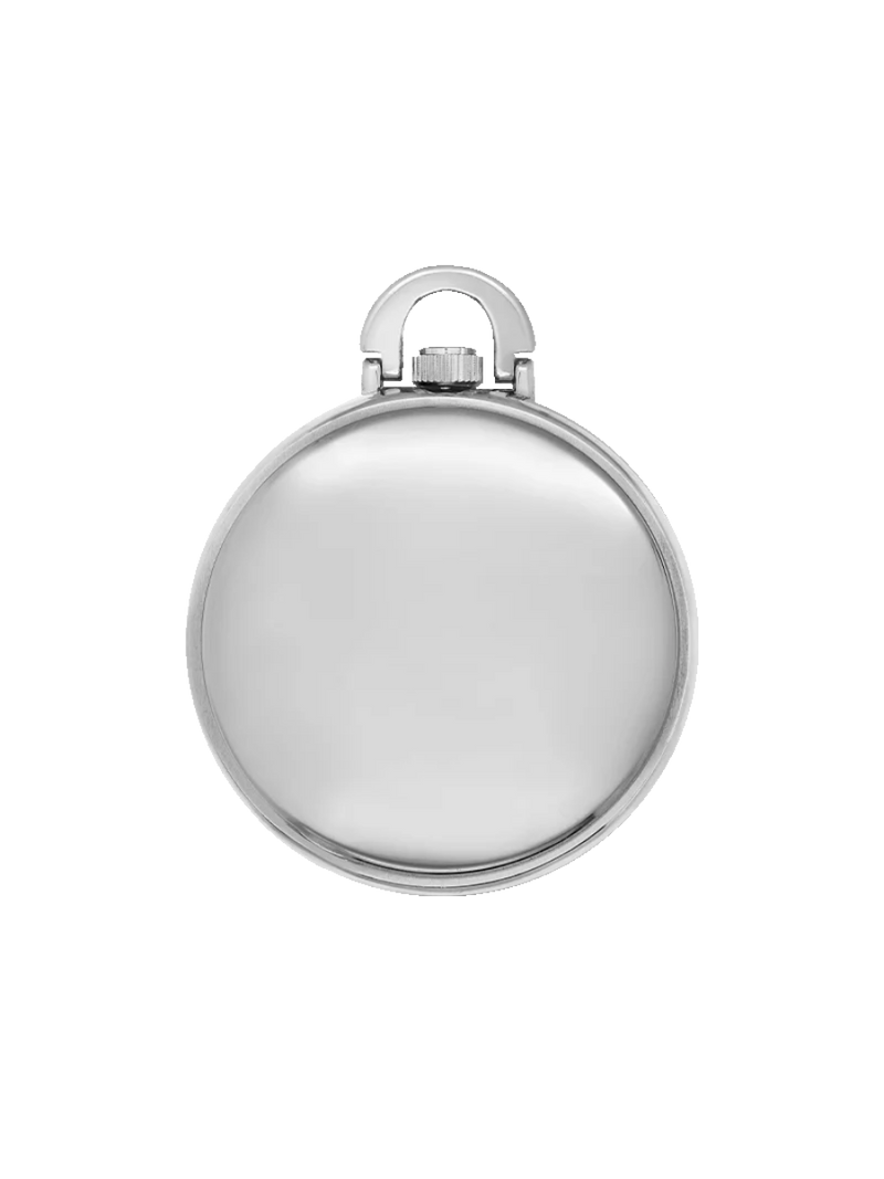 The back of the Classique Ariella Pendant Watch, displaying a sleek, polished rhodium-plated stainless steel case with a smooth, blank surface, highlighting its high-quality craftsmanship.