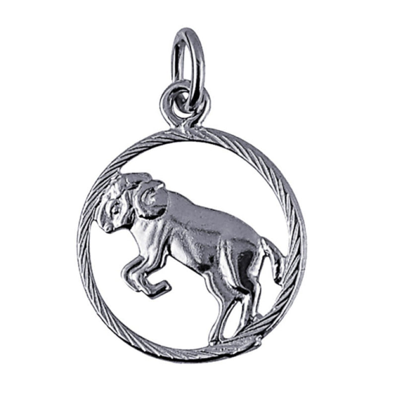 A close-up view of the intricately designed Aries Zodiac Charm Pendant in sterling silver, showcasing the ram symbol and fine detailing that reflects the strength and leadership of the Aries zodiac.