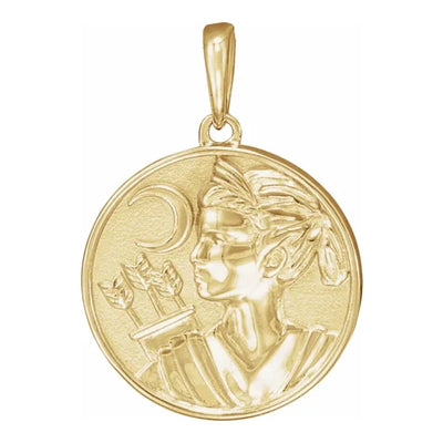 Introducing the Artemis Coin Pendant, this beautiful 21.9x14.9mm pendant features the Greek Goddess of the Hunt, the Wilderness, the Moon and Women. Beautifully depicted, this coin pendant with Artemis is made from solid 14kt Yellow Gold.