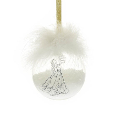 Close-up of Belle acrylic Christmas bauble with white feather detail and gold hanging ribbon.