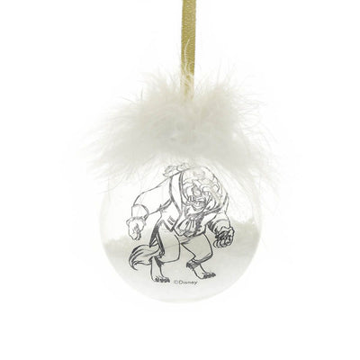 Individual Beast Christmas bauble with feather trim and gold ribbon hanger.