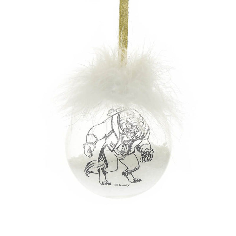 Individual Beast Christmas bauble with feather trim and gold ribbon hanger.