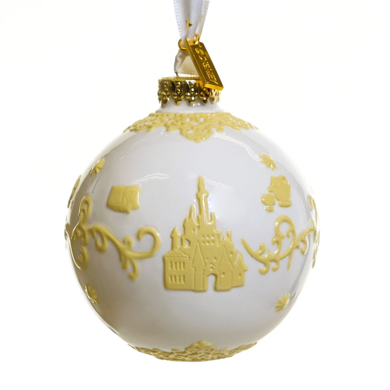 Belle White ornament—embossed castle and rose motifs—Disney Princess collectible.