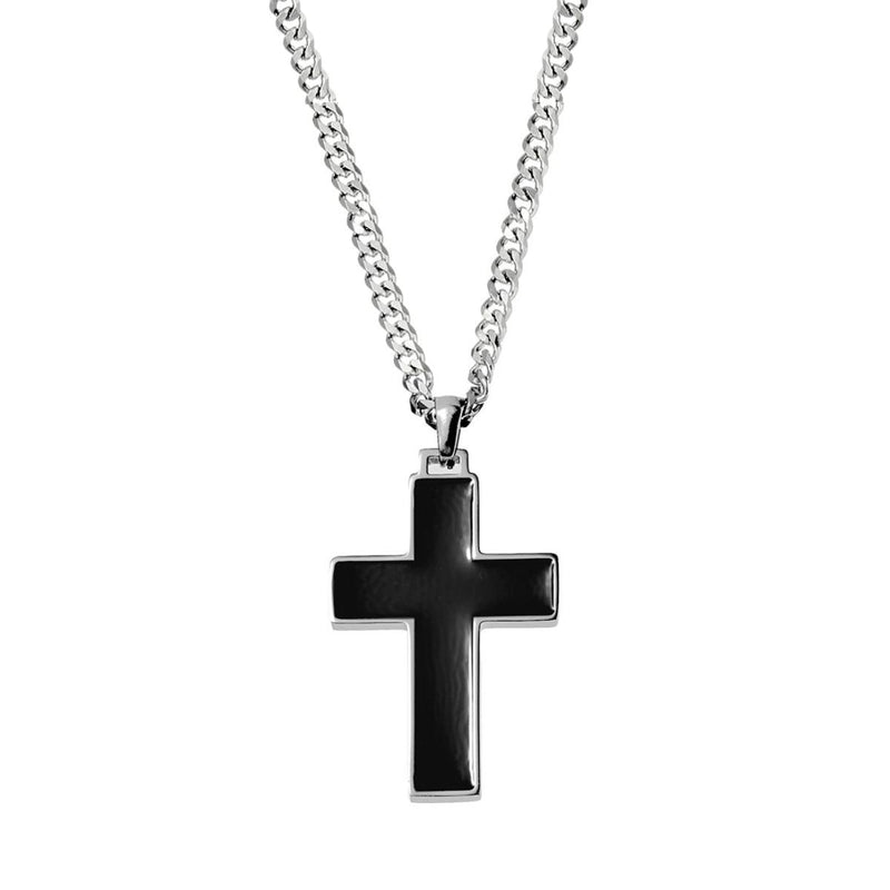 Our Stainless Steel Black Enamelled Cross 55cm Necklace is a fashion statement built to last. Perfect for both men and women, this high-quality stainless steel necklace features a sleek and stylish black cross pendant and an elegant curb chain. At a length of 55cm, it&