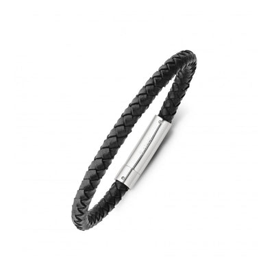 A sleek, plaited black leather men's bracelet with a stainless steel clasp. The 6mm wide bangle fits comfortably at 21cm, showcasing modern design and high-quality craftsmanship.