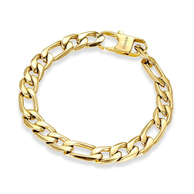 Men’s 14ct gold-plated stainless steel 10 mm Figaro curb link bracelet with branded clasp, 22 cm length.