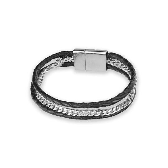 Blaze Stainless Steel Leather Bangle with Steel Chain