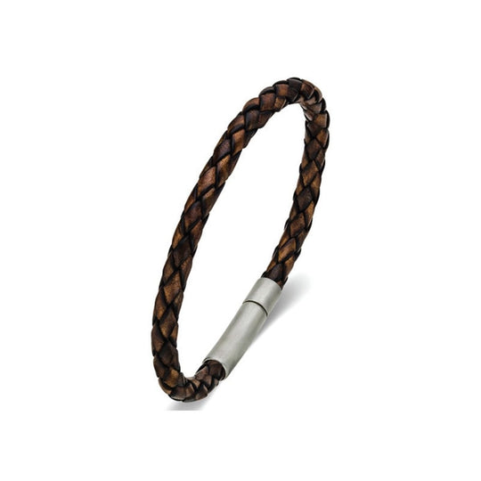 Blaze Stainless Steel Men’s Braided Brown Leather Bangle