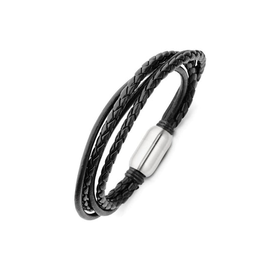 Blaze Stainless Steel Men’s Leather Multi Strap Bangle with Magnetic Clasp