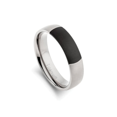 Silver Titanium Men's Ring with Black Detail, available in Size 9 and 10, this is a ring for Modern Men who want a subtle yet stylish look. Available from Jewels of St Leon Online Jewellery Store.