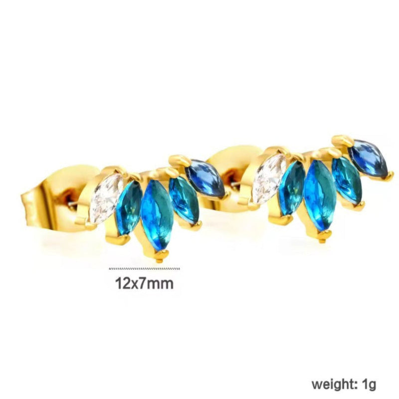 Technical image showing 12 × 7 mm dimensions and 1 g weight of blue-gradient marquise CZ fan studs with 18 K gold-plated stainless steel posts and butterfly backs.